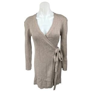 WAYF Women's Beige Ribbed Knit Long Sleeve Wrap Tie Mini Sweater Dress Size M